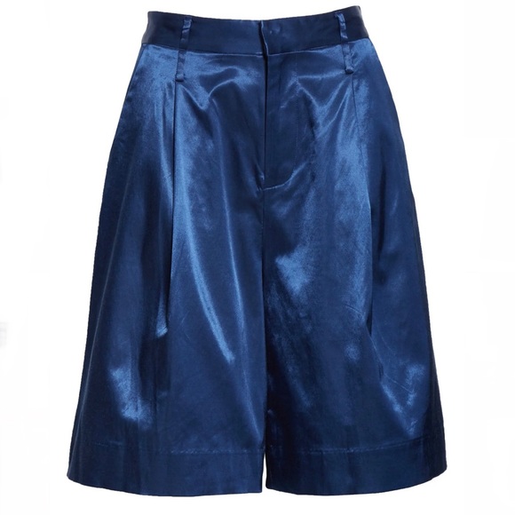 STAUD BLUE PLEATED SATIN BERMUDA SHORTS - Picture 9 of 11